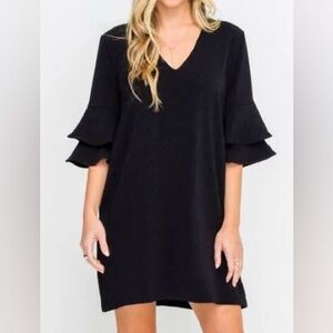 Lush Black Short Ruffle Sleeve V Neck Dress
